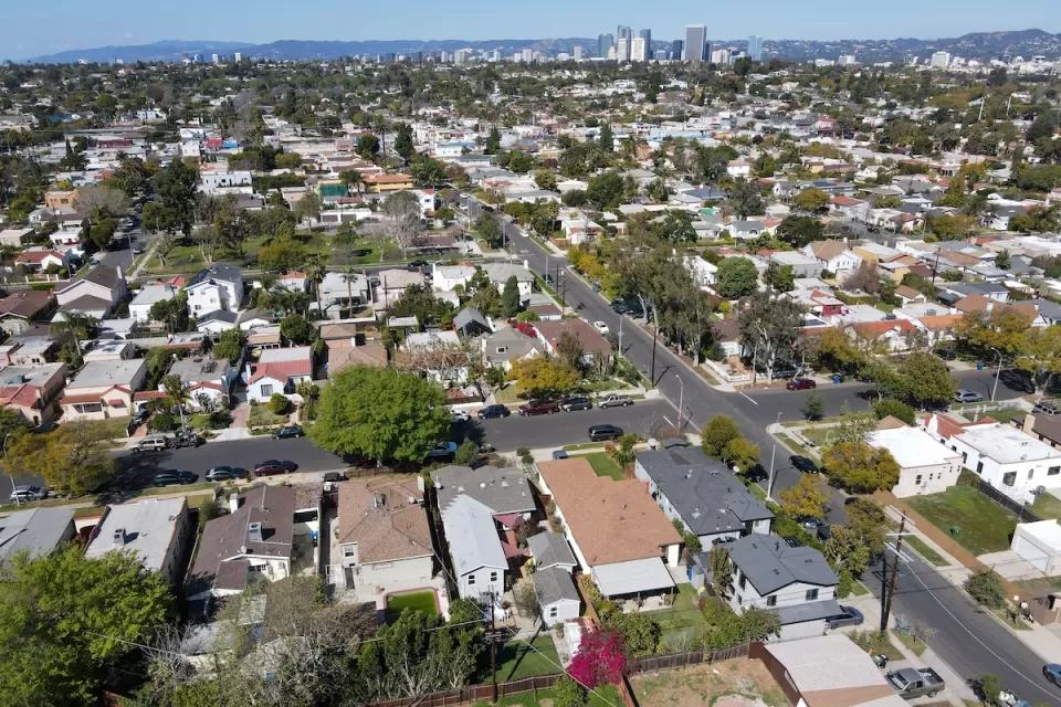 Aerial view of low-rise neighborhood in Los Angeles, California.